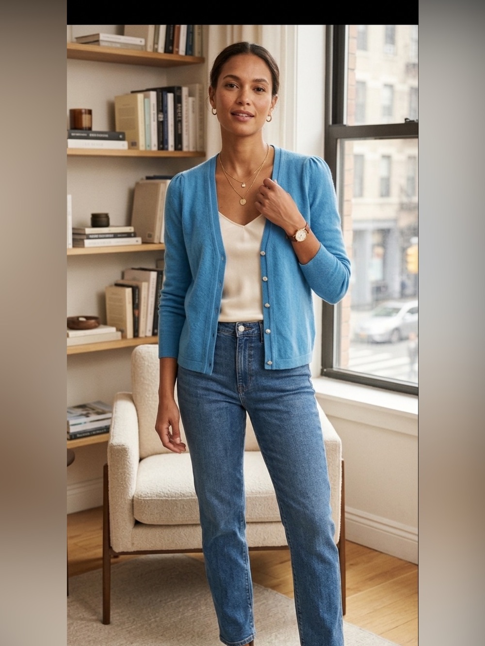 In Cashmere 100% Cashmere Bright Blue v neck cardigan with Faux diamond buttons